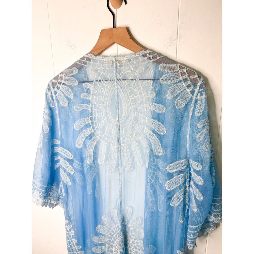 Rebellion Blue Duster Kimono Medium Beach Swim Coverup Lightweight Boho Flowy - Picture 7 of 8